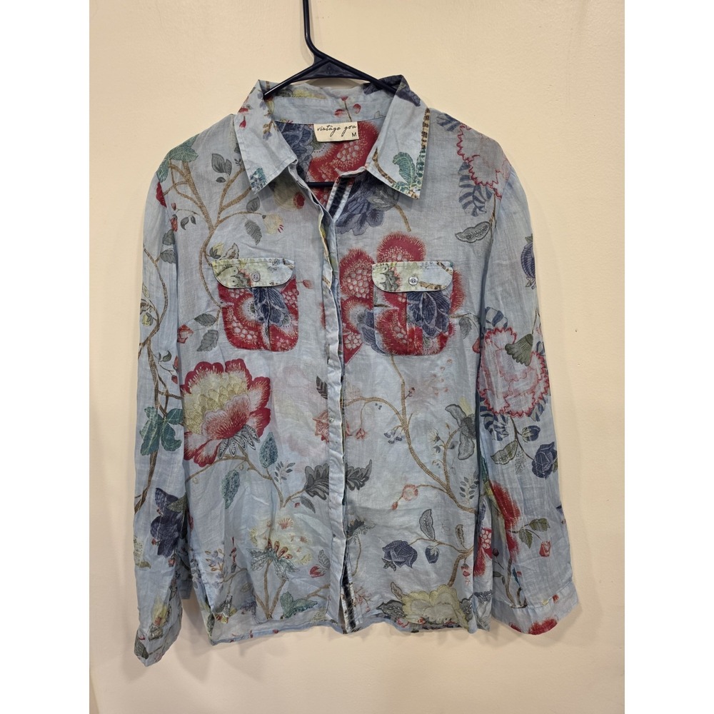 Vintage Goa Floral Button Up Shirt Medium Blue 100% Cotton Boho Cottagecore